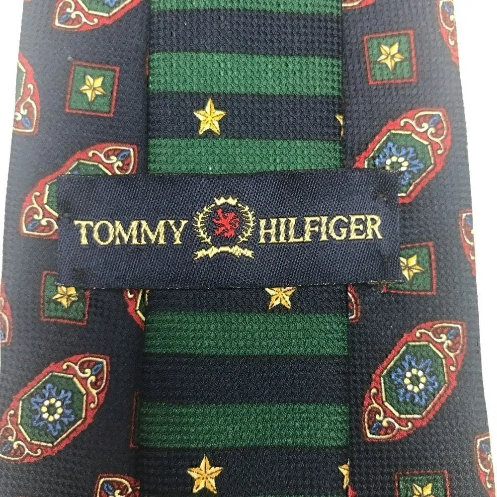 Tommy Hilfiger 100% Silk Tie, Navy Blue with Vintage Design Made in the USA